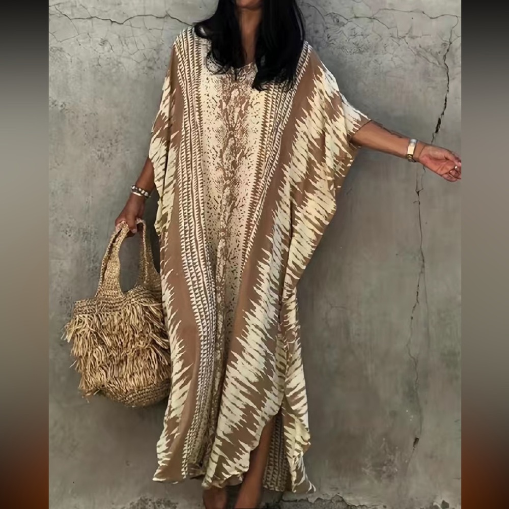 CELEBRATE TAN/YELLOW MIX BOHEMIAN OVERSIZED LOUNGEWEAR COVERUP DRESS ROBE KAFTAN
